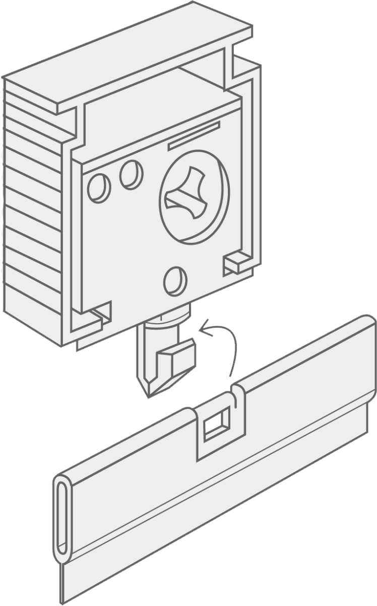 A diagram showing how to clip the vertical vanes onto the headrail A diagram showing how to clip the vertical vanes onto the headrail